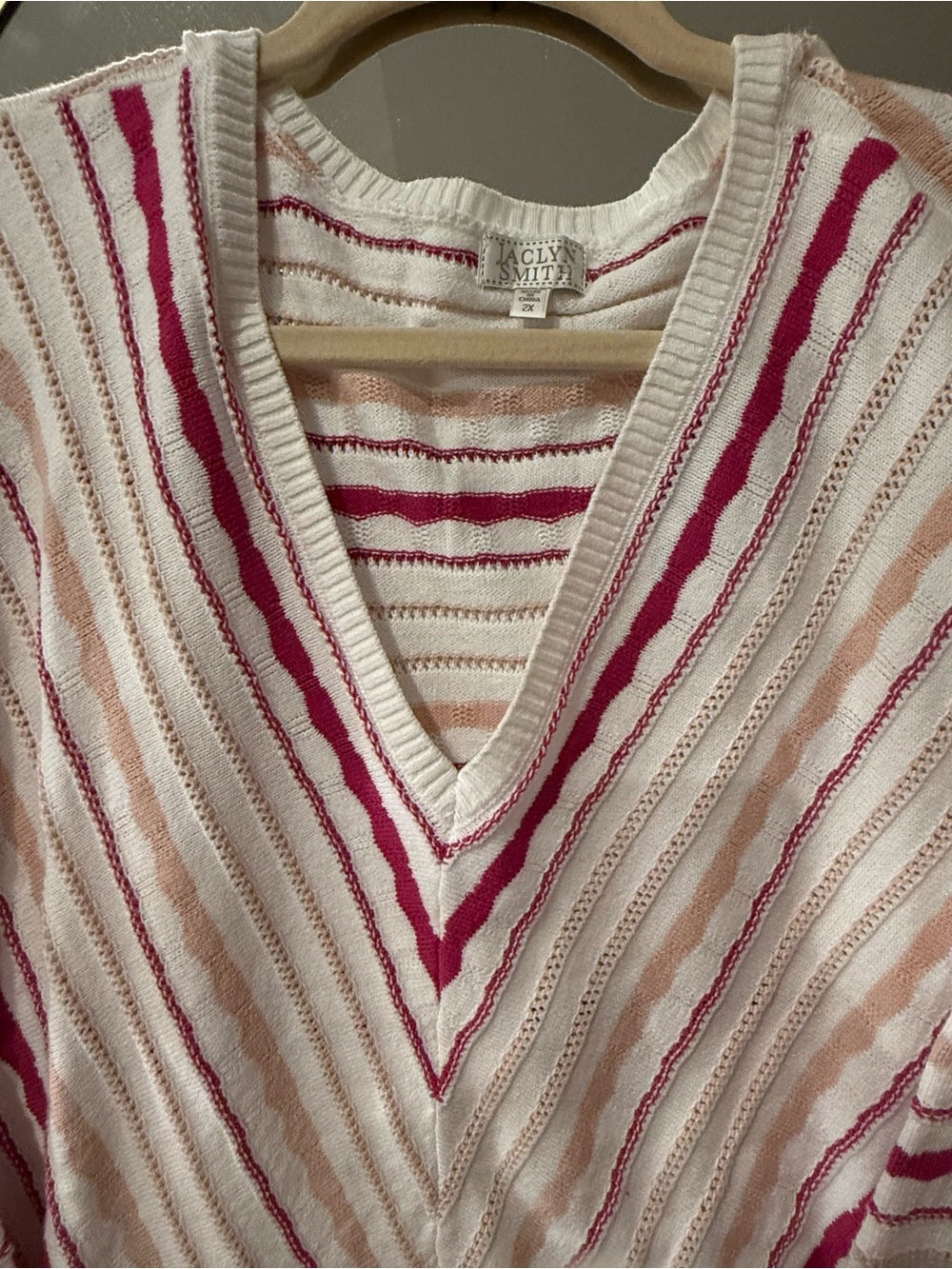 Jaclyn Smith Cream V‑Neck Sweater with Pink & Peach Stripes